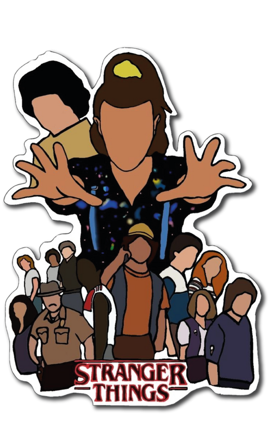 Eleven with raised hands above a lineup of faceless Stranger Things characters