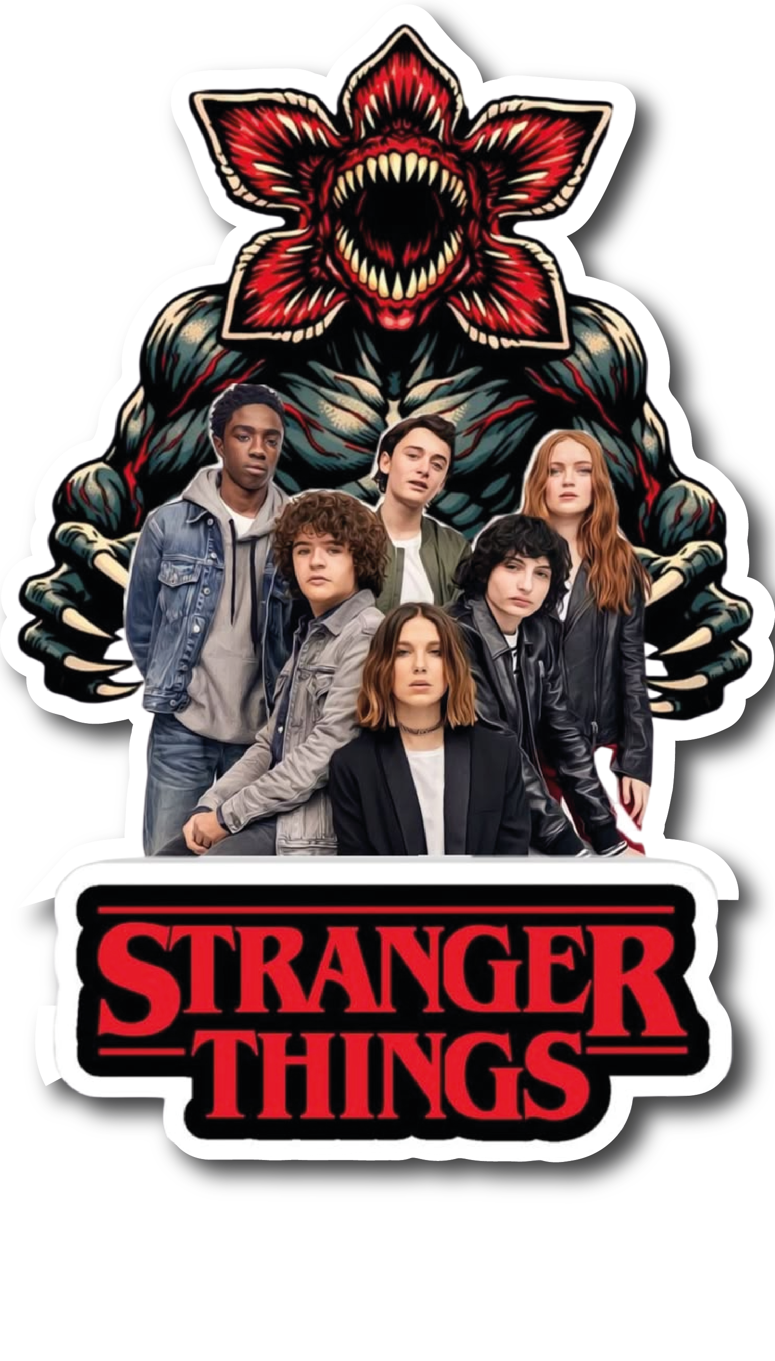 The Demogorgon looming behind the six main Stranger Things kids