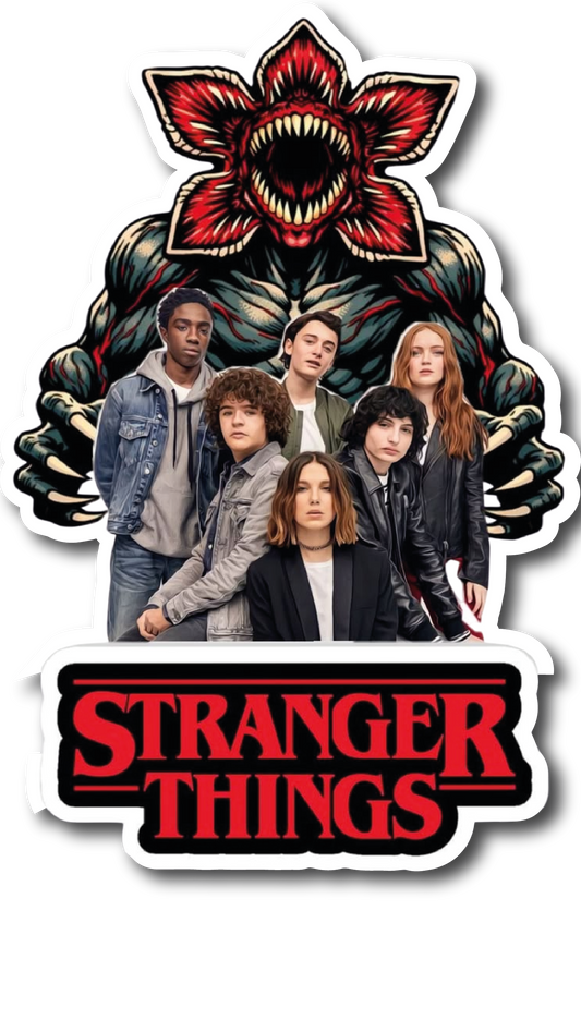 The Demogorgon looming behind the six main Stranger Things kids