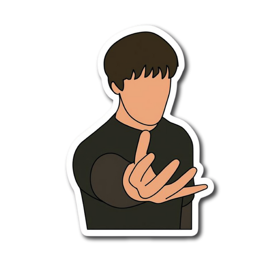 Illustrated figure making a devil horns rock hand gesture
