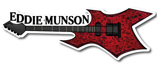 Red flame-patterned electric guitar with Eddie Munson text