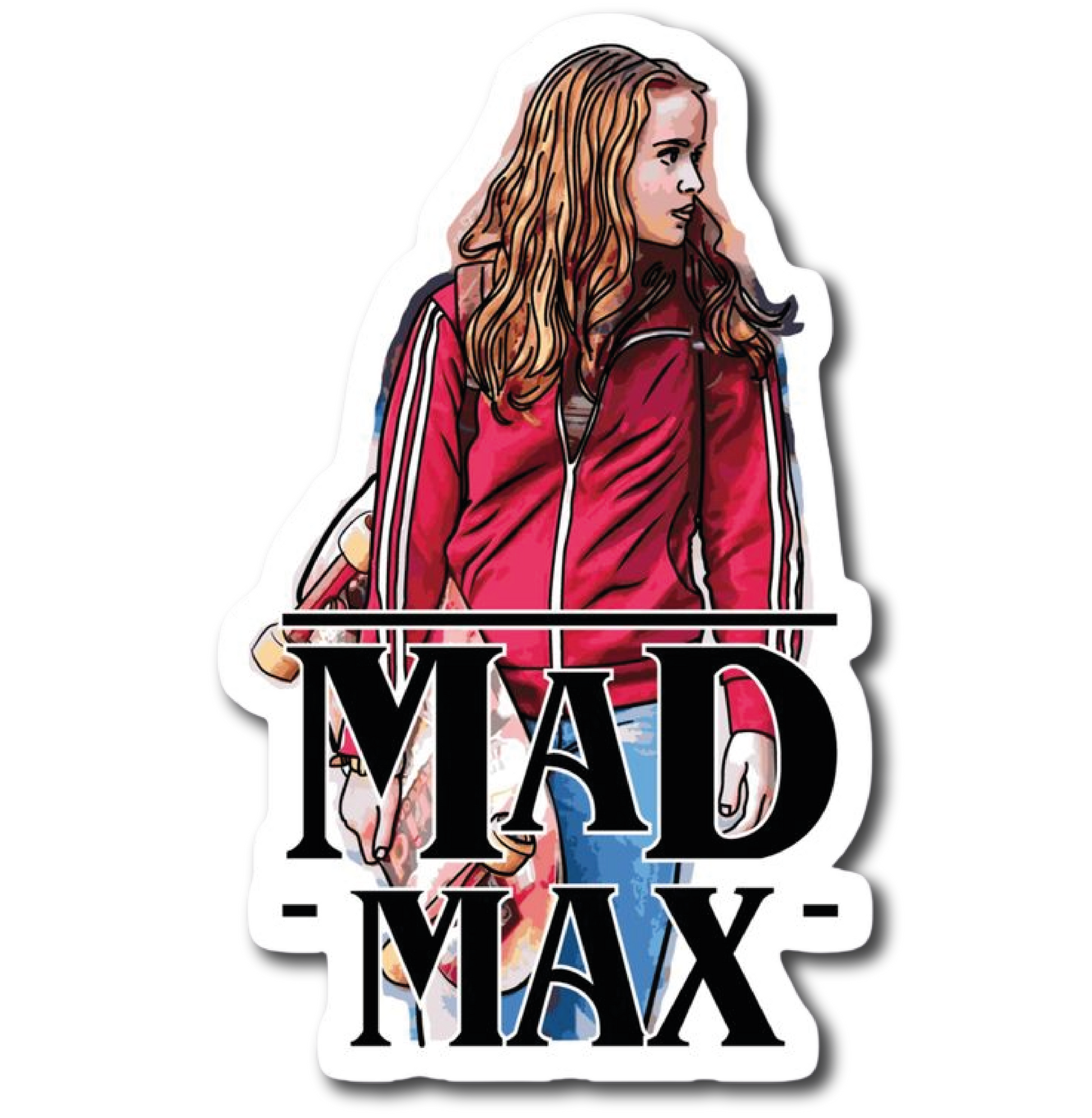 Girl in red track jacket carrying a skateboard with Mad Max text