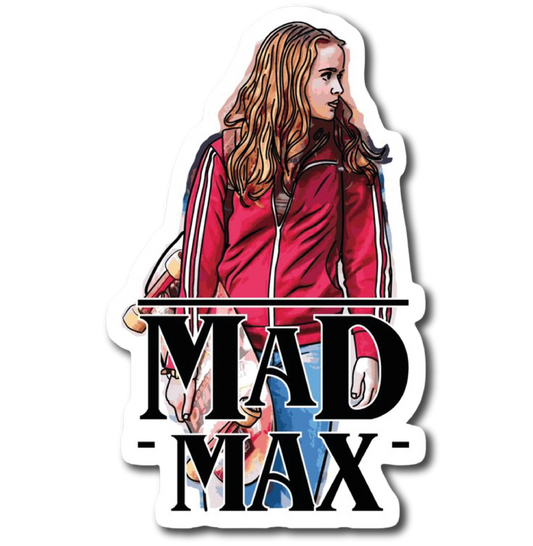 Girl in red track jacket carrying a skateboard with Mad Max text