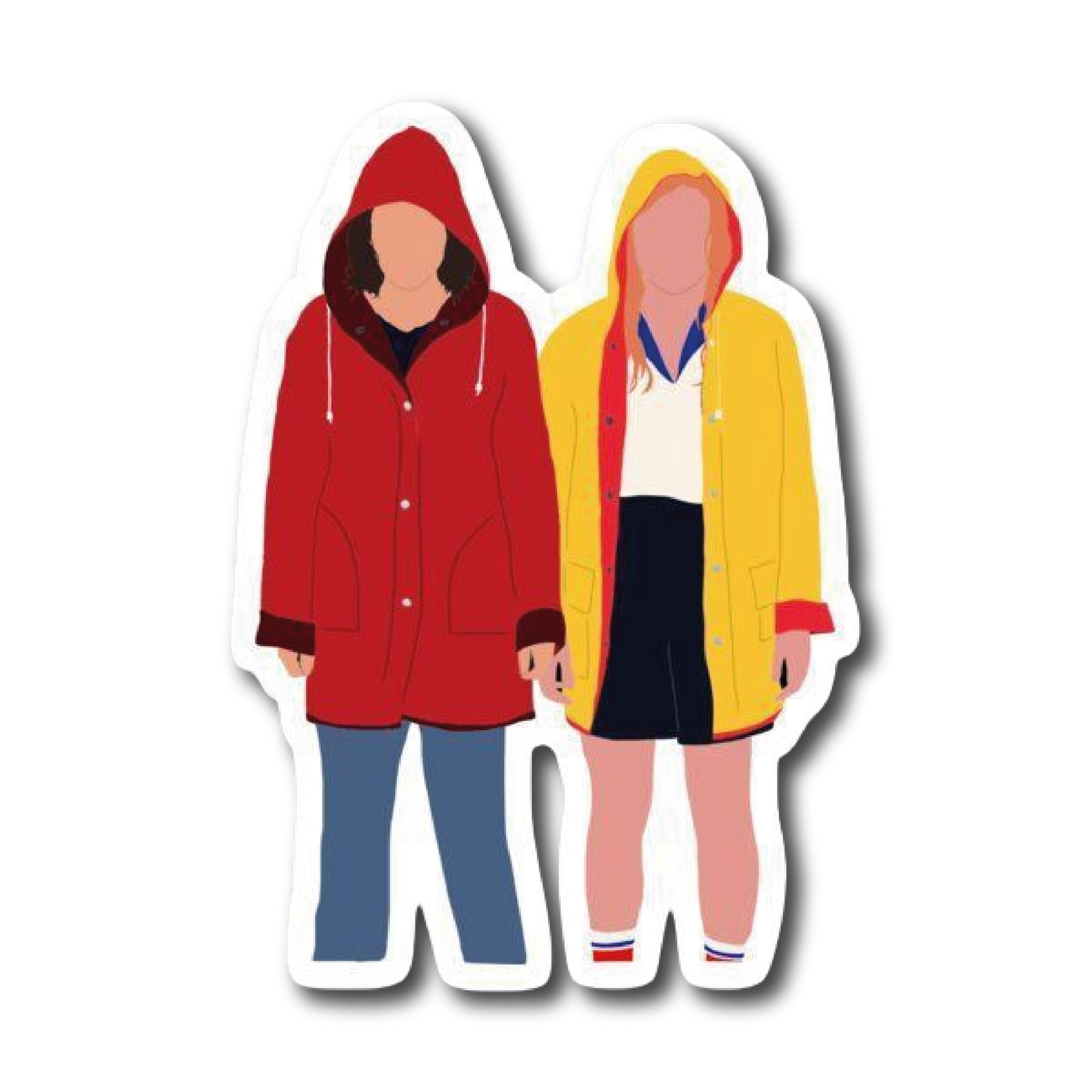 Two girls in red and yellow raincoats holding hands