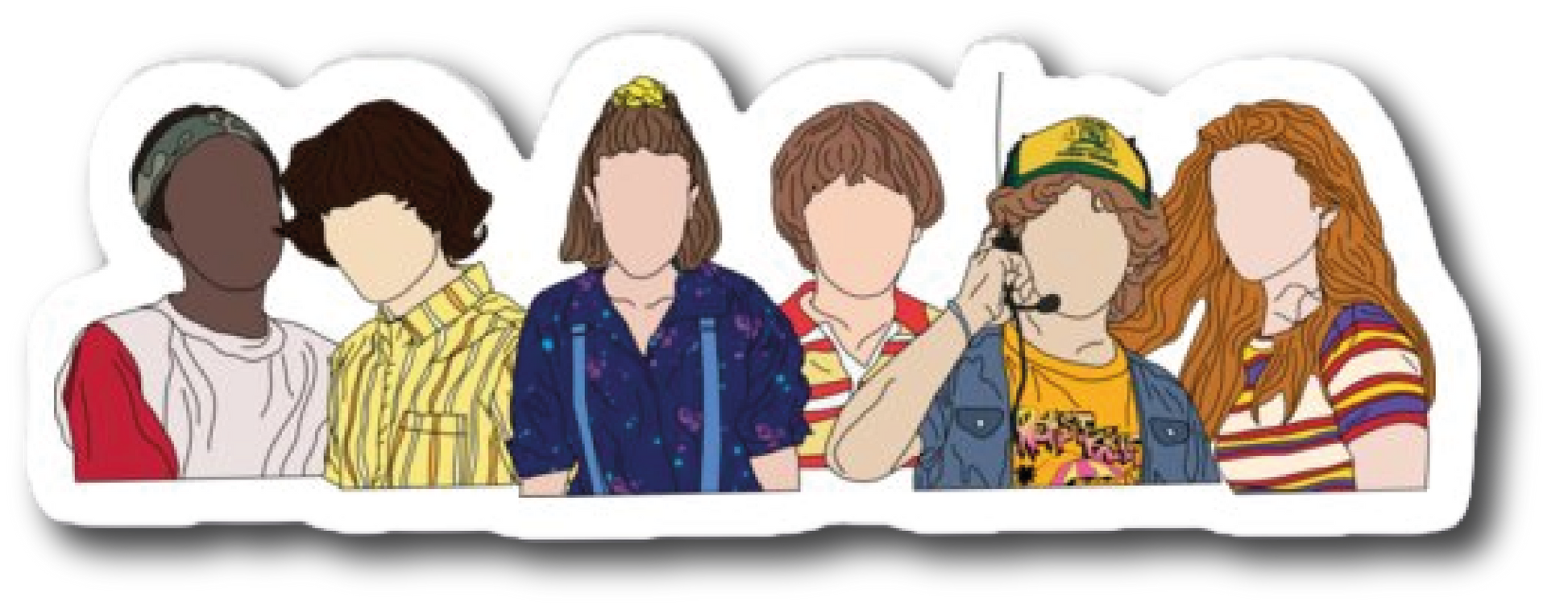 Faceless lineup of six Stranger Things kids in their signature outfits