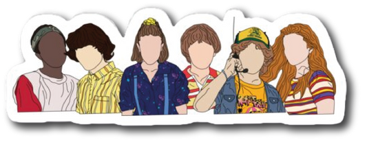 Faceless lineup of six Stranger Things kids in their signature outfits
