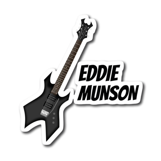 Black electric guitar with Eddie Munson text lettering