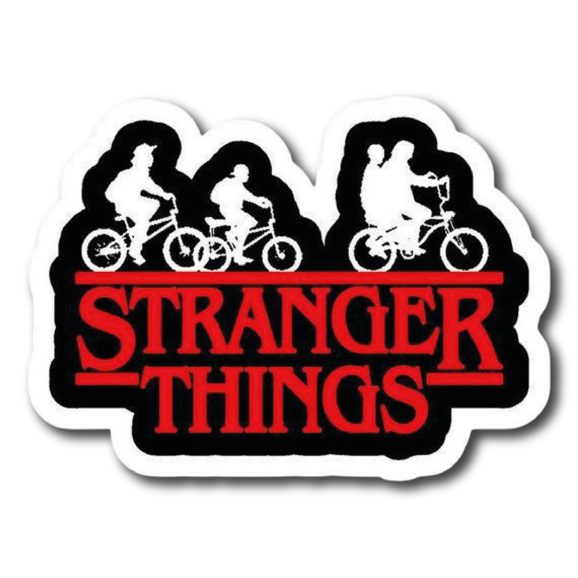 Stranger Things logo text with kids on bicycles silhouetted above