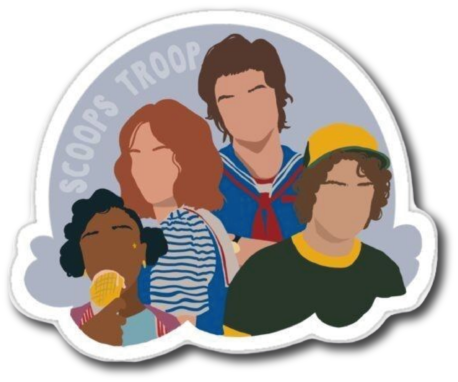 Four Stranger Things characters grouped under a Scoops Troop badge