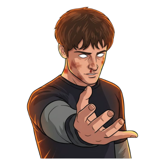 Illustrated teen boy with bloody nose making a beckoning gesture