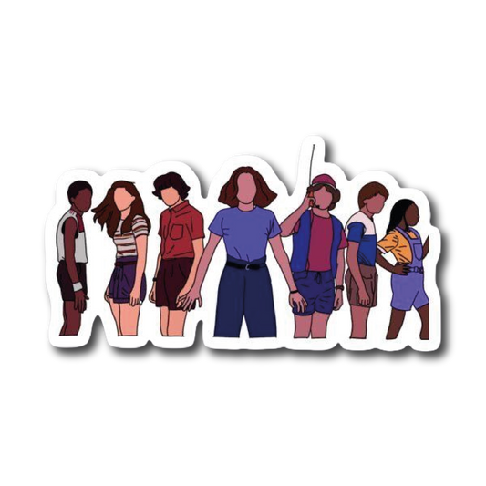 Faceless group of seven Stranger Things characters, one holding a spear