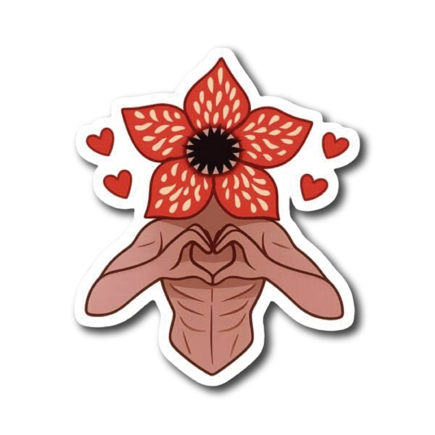 Red flower-headed figure making a heart shape with hands, surrounded by hearts