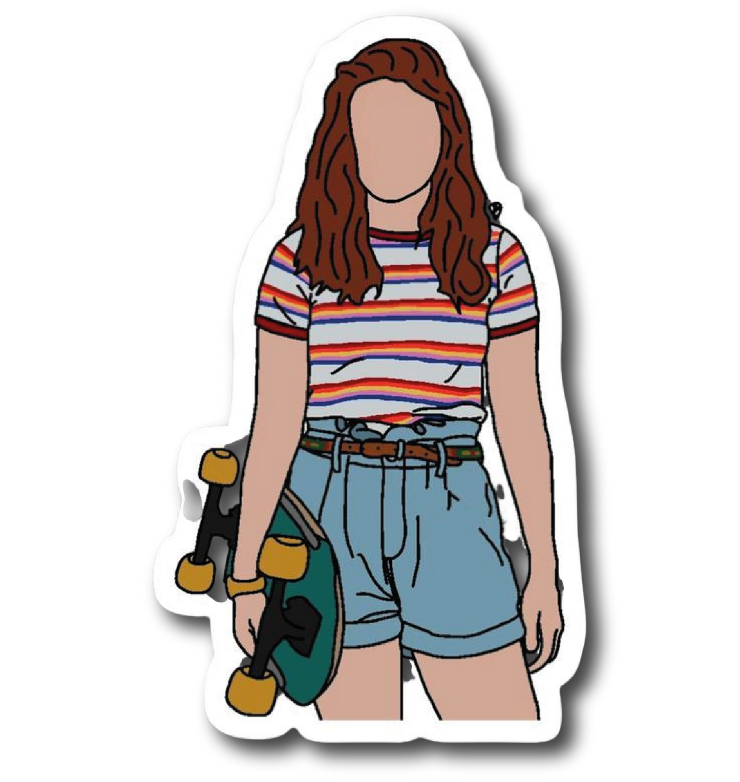 Illustrated girl holding a skateboard in striped shirt and denim shorts