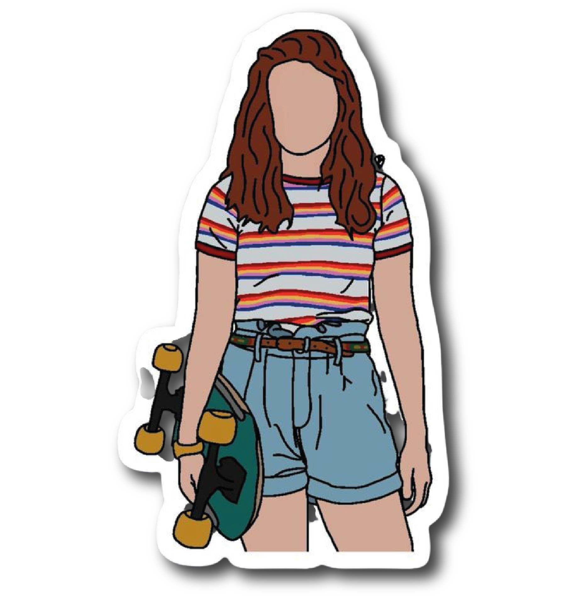 Illustrated girl holding a skateboard in striped shirt and denim shorts