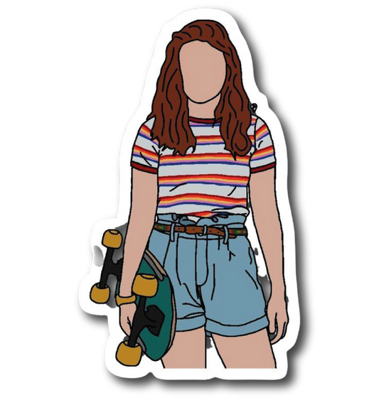 Illustrated girl holding a skateboard in striped shirt and denim shorts