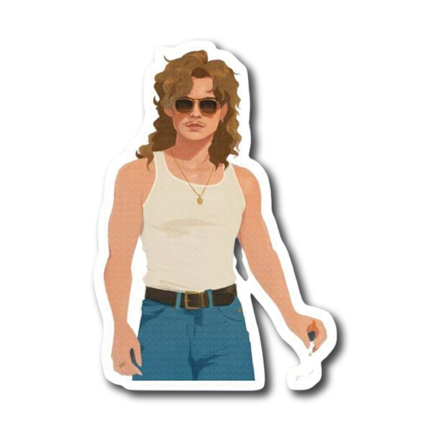 Illustrated man with mullet, sunglasses, and mustache holding a cigarette