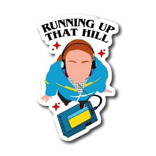Girl wearing headphones connected to a Walkman with Running Up That Hill text
