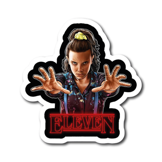 Girl with scrunchie raising both hands beside a neon Eleven sign