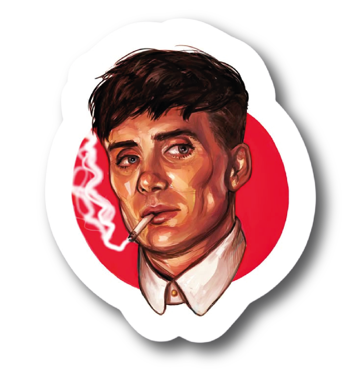 Painted portrait sticker of Thomas Shelby smoking a cigarette on a red circle background