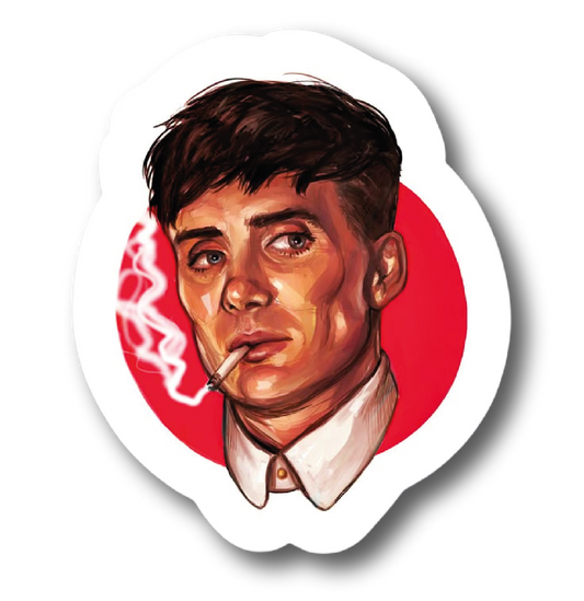 Painted portrait sticker of Thomas Shelby smoking a cigarette on a red circle background