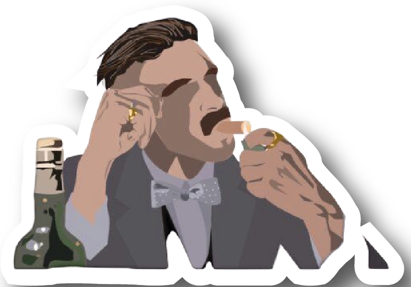 Illustrated gangster in grey suit biting a cigar next to a whiskey bottle sticker
