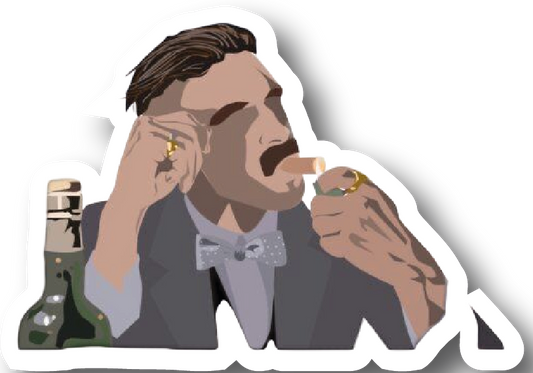 Illustrated gangster in grey suit biting a cigar next to a whiskey bottle sticker