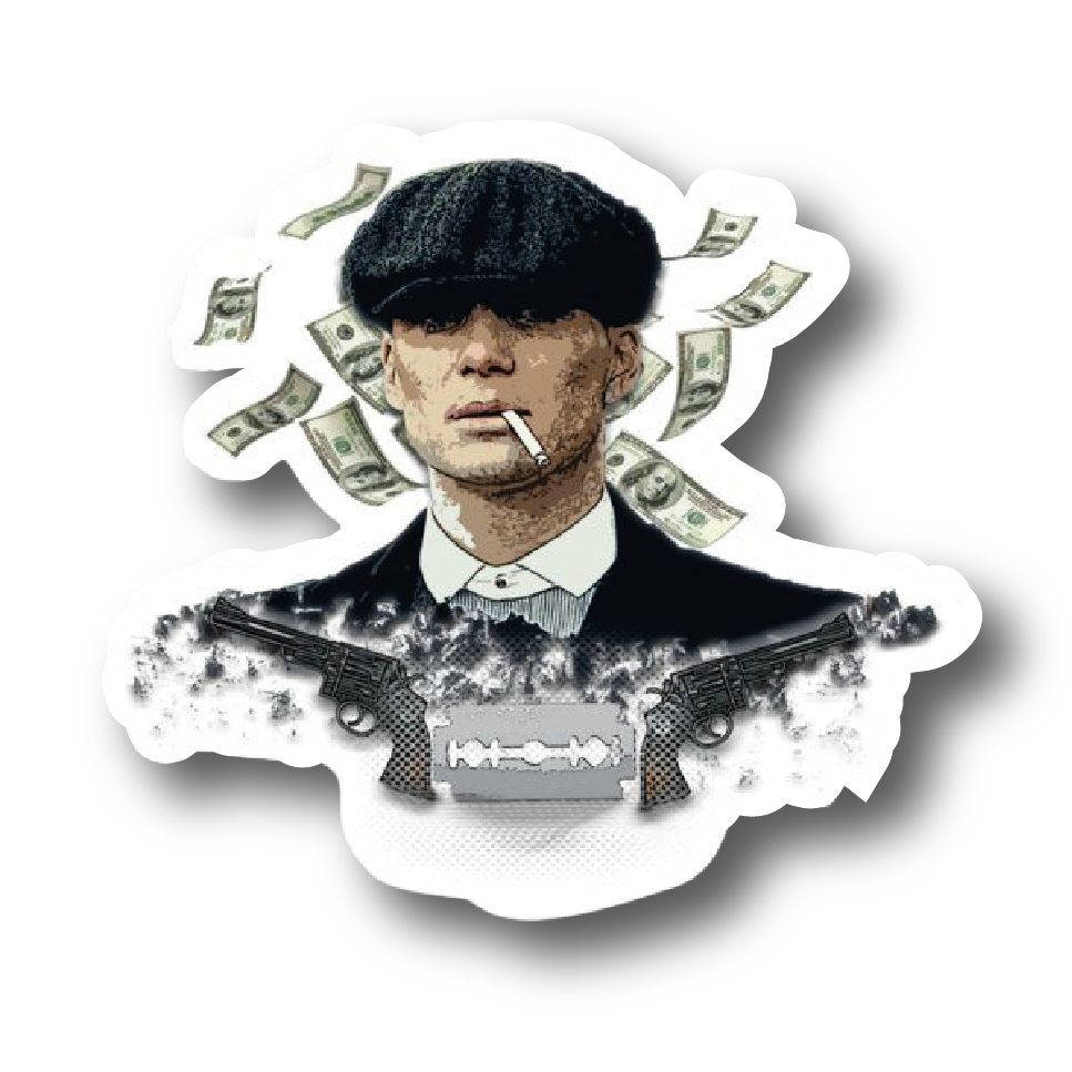 Thomas Shelby sticker with dollar bills, crossed revolvers, and a razor blade