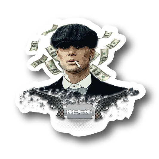 Thomas Shelby sticker with dollar bills, crossed revolvers, and a razor blade