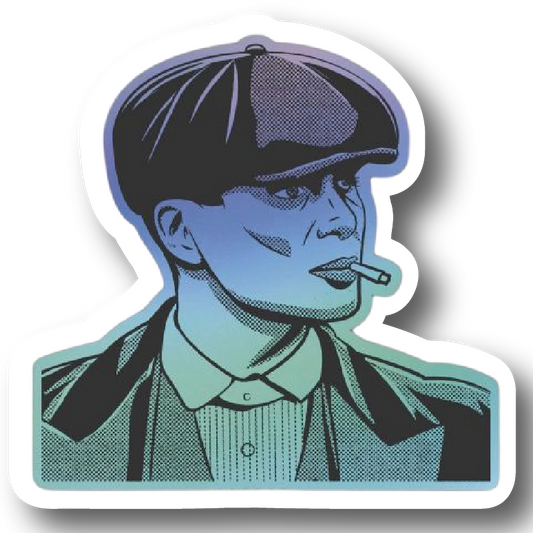Blue-green duotone comic style portrait sticker of Thomas Shelby