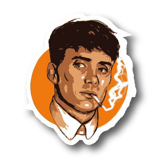 Illustrated Thomas Shelby portrait sticker on an orange circle background