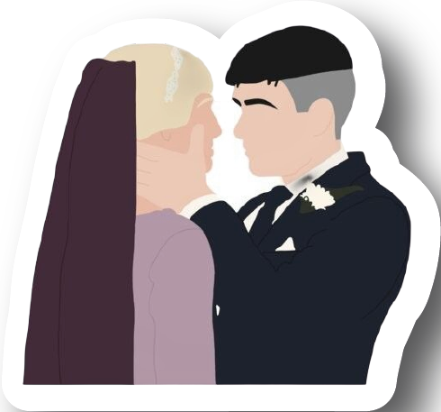 Illustrated wedding scene sticker of Thomas and Grace Shelby