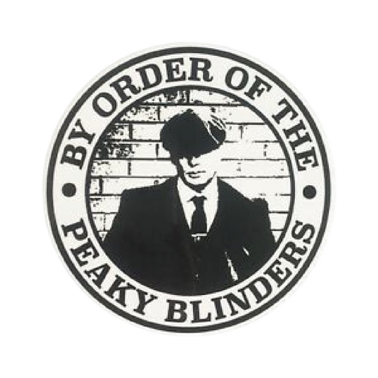 By Order of the Peaky Blinders round badge sticker with brick wall backdrop
