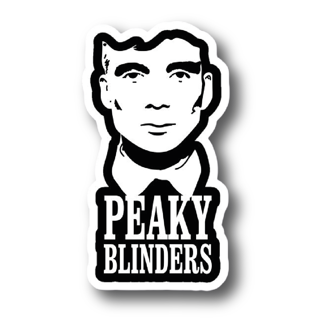 Black and white line art face logo sticker reading Peaky Blinders