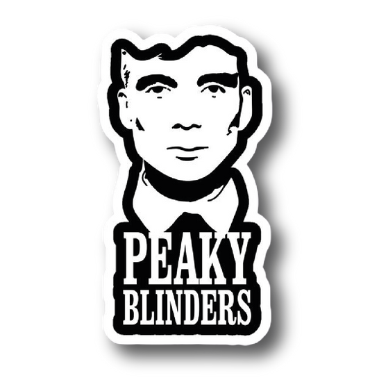 Black and white line art face logo sticker reading Peaky Blinders