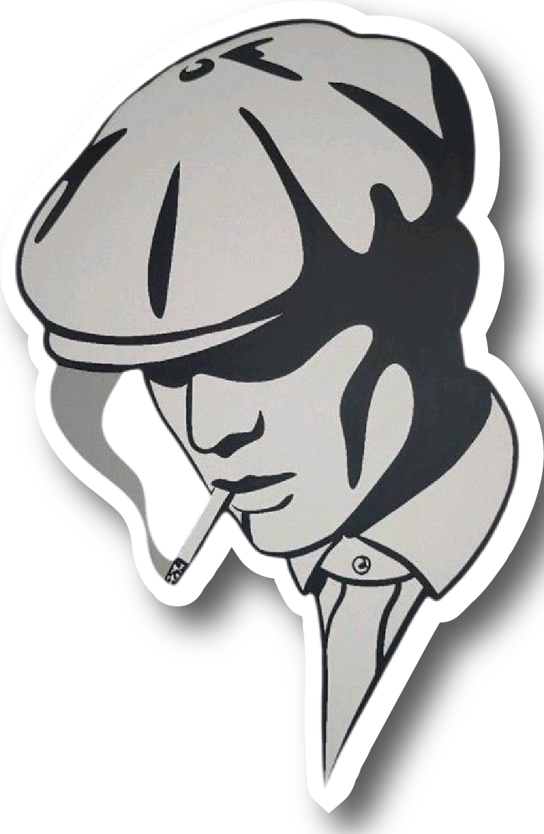 Grayscale comic style portrait sticker of Thomas Shelby smoking
