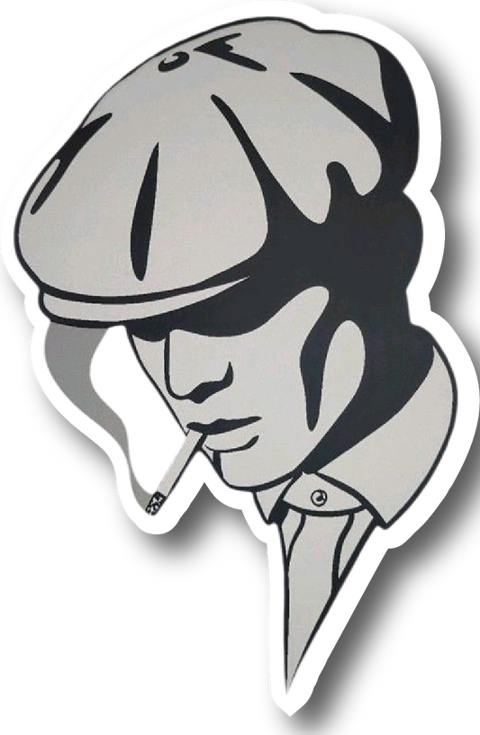 Grayscale comic style portrait sticker of Thomas Shelby smoking
