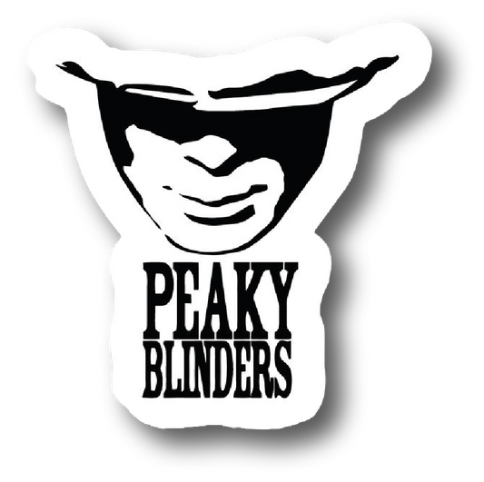 Shadowed flat cap face logo sticker reading Peaky Blinders