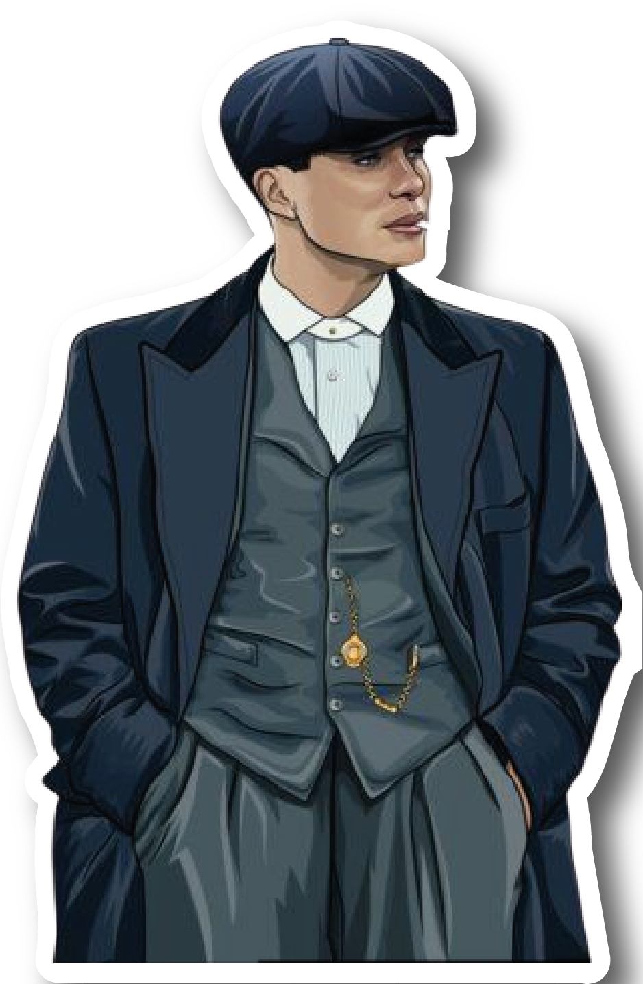 Detailed digital painting sticker of Thomas Shelby in flat cap and waistcoat with pocket watch