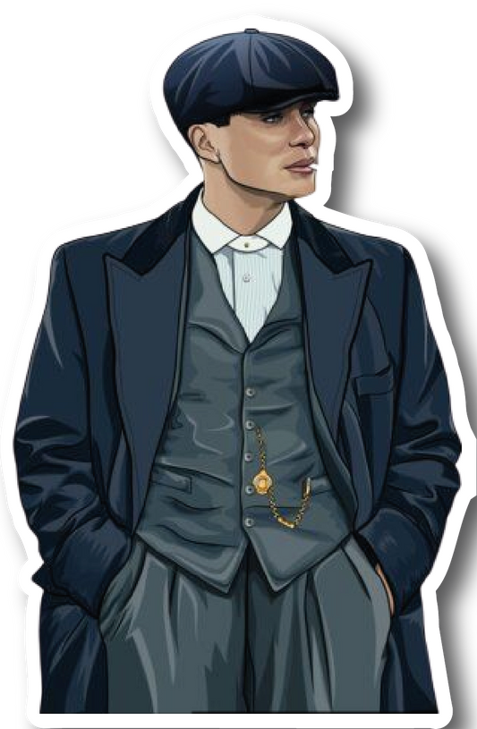Detailed digital painting sticker of Thomas Shelby in flat cap and waistcoat with pocket watch