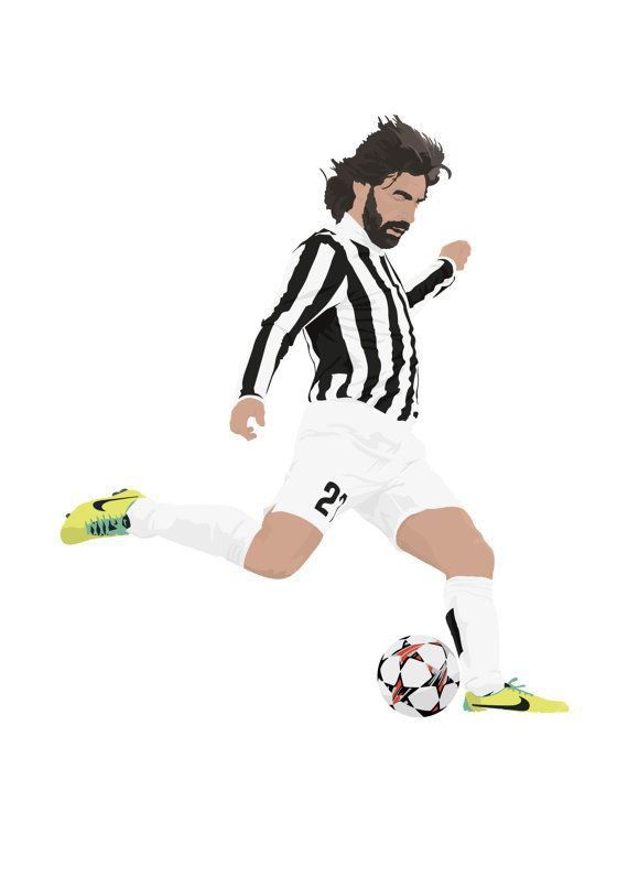 Sticker illustration of Andrea Pirlo in Juventus No. 21 kit striking a soccer ball.