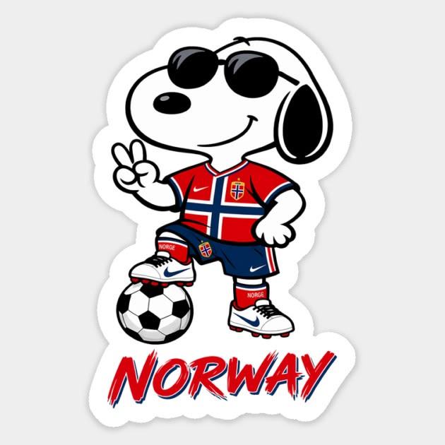 Die-cut sticker of Snoopy wearing sunglasses and a Norway football kit with a foot on a soccer ball.