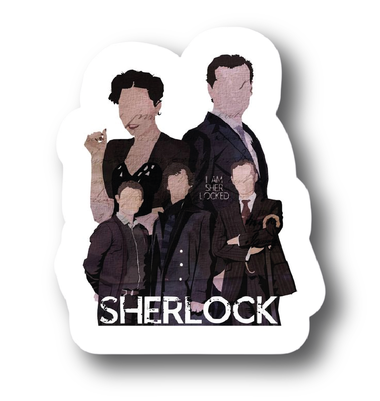 Poster-style sticker featuring the Sherlock ensemble cast with I Am Sherlocked tagline