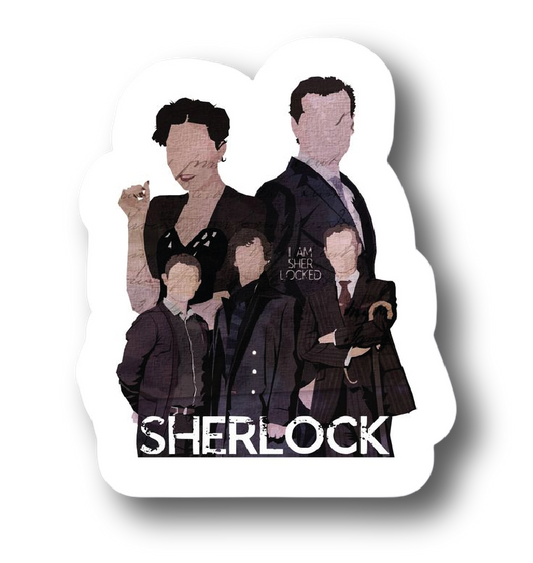 Poster-style sticker featuring the Sherlock ensemble cast with I Am Sherlocked tagline