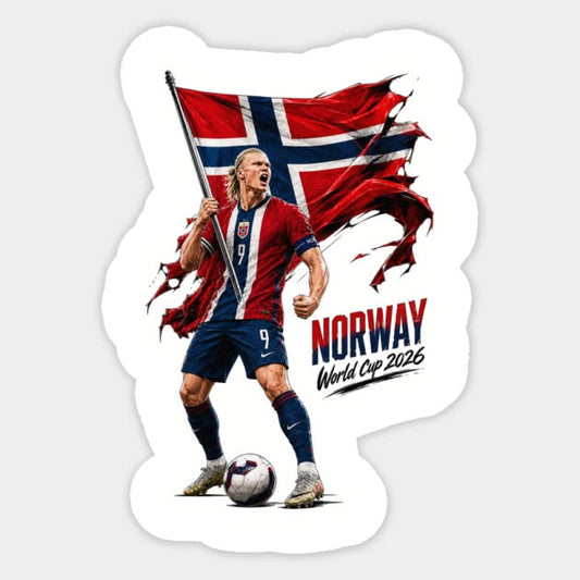 Die-cut sticker of Erling Haaland holding a Norwegian flag and celebrating in his Norway number 9 jersey.