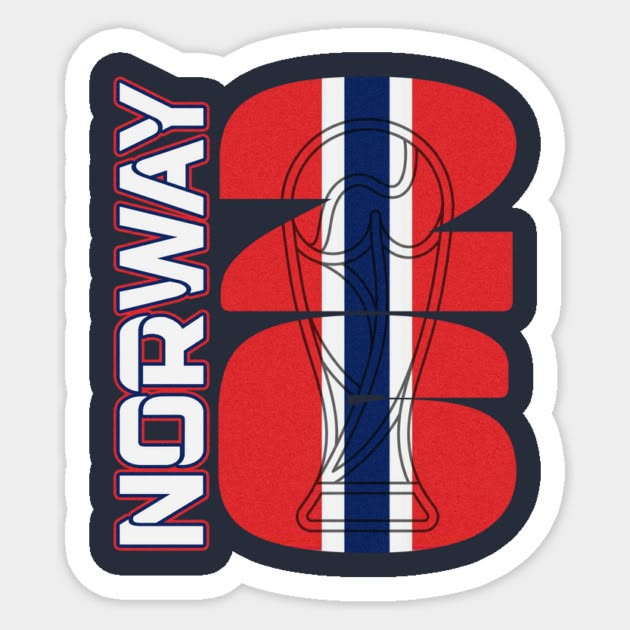 Die-cut sticker with bold Norway 26 lettering in flag colors and a trophy silhouette.