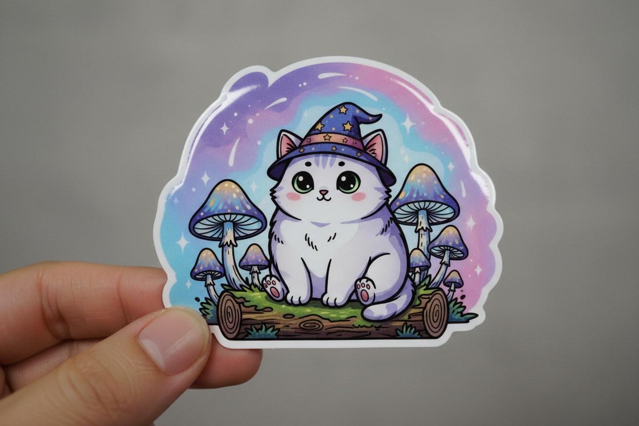 “Create a high-quality glossy vinyl sticker featuring a cute cat in a magical fantasy world with glowing mushrooms, sparkles, and a dreamy colorful background. Keep bold black outlines and artistic style. Make the surface smooth and shiny with bright reflections. Show the sticker being held in a hand on a neutral background. No holographic effect — only clean glossy shine.” just like holographic and uv dtf.