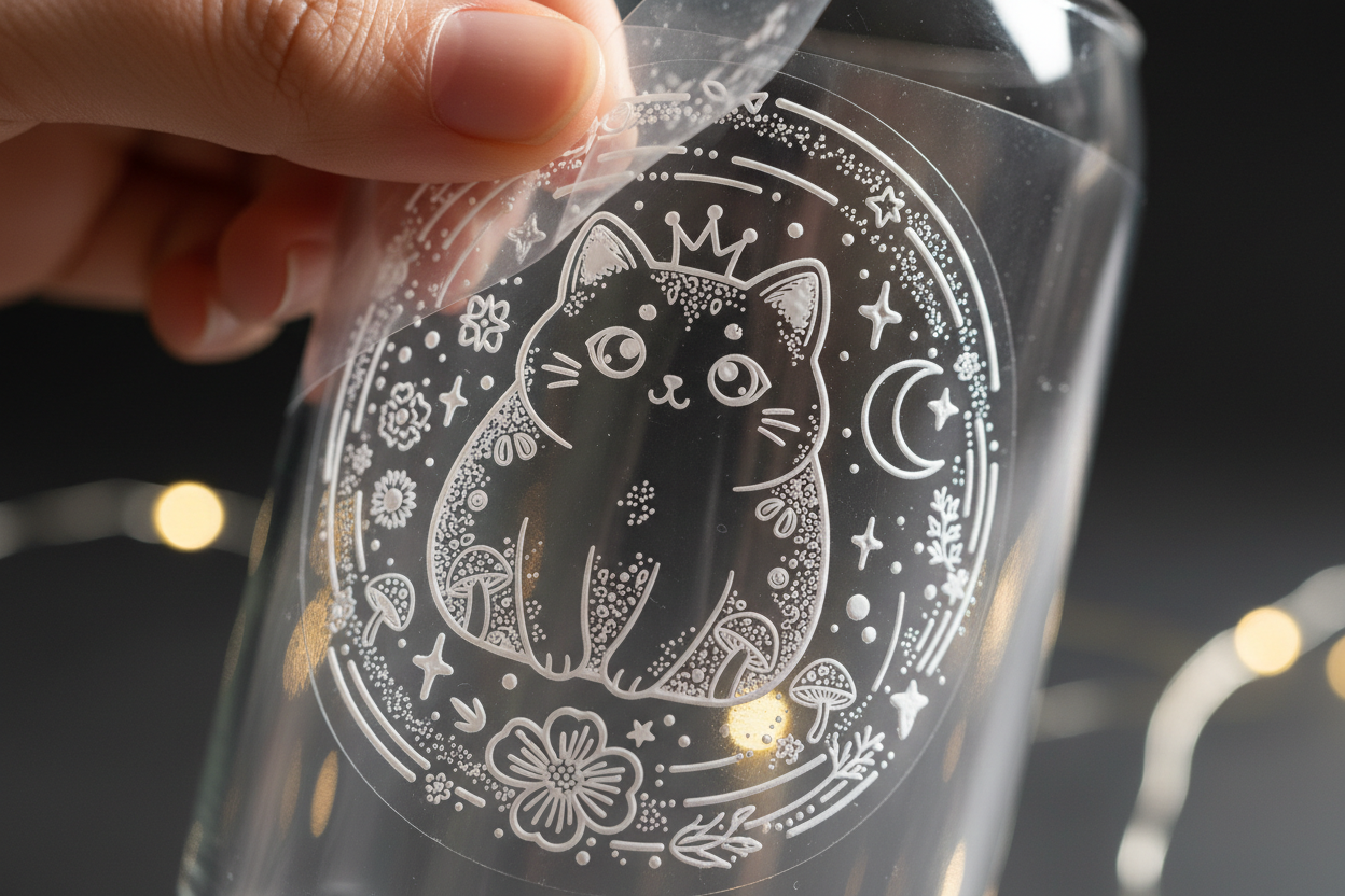 Create a UV-DTF transfer sticker using the same cute cat in a magical fantasy world artwork used in the other variants. Show the design printed on a transparent transfer sheet with raised, glossy UV ink. No holographic rainbow. Display a hand peeling or placing the sticker onto a glass or bottle. Lighting should highlight the thick, embossed texture.”