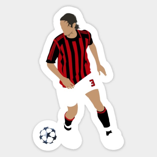 Sticker of Paolo Maldini in AC Milan red and black stripes dribbling a soccer ball.