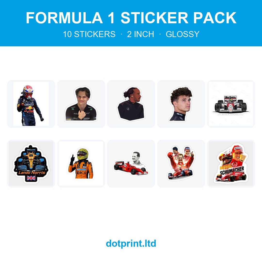 Formula 1 Sticker Pack — 10 stickers, 2 inch, glossy — Dotprint Solution