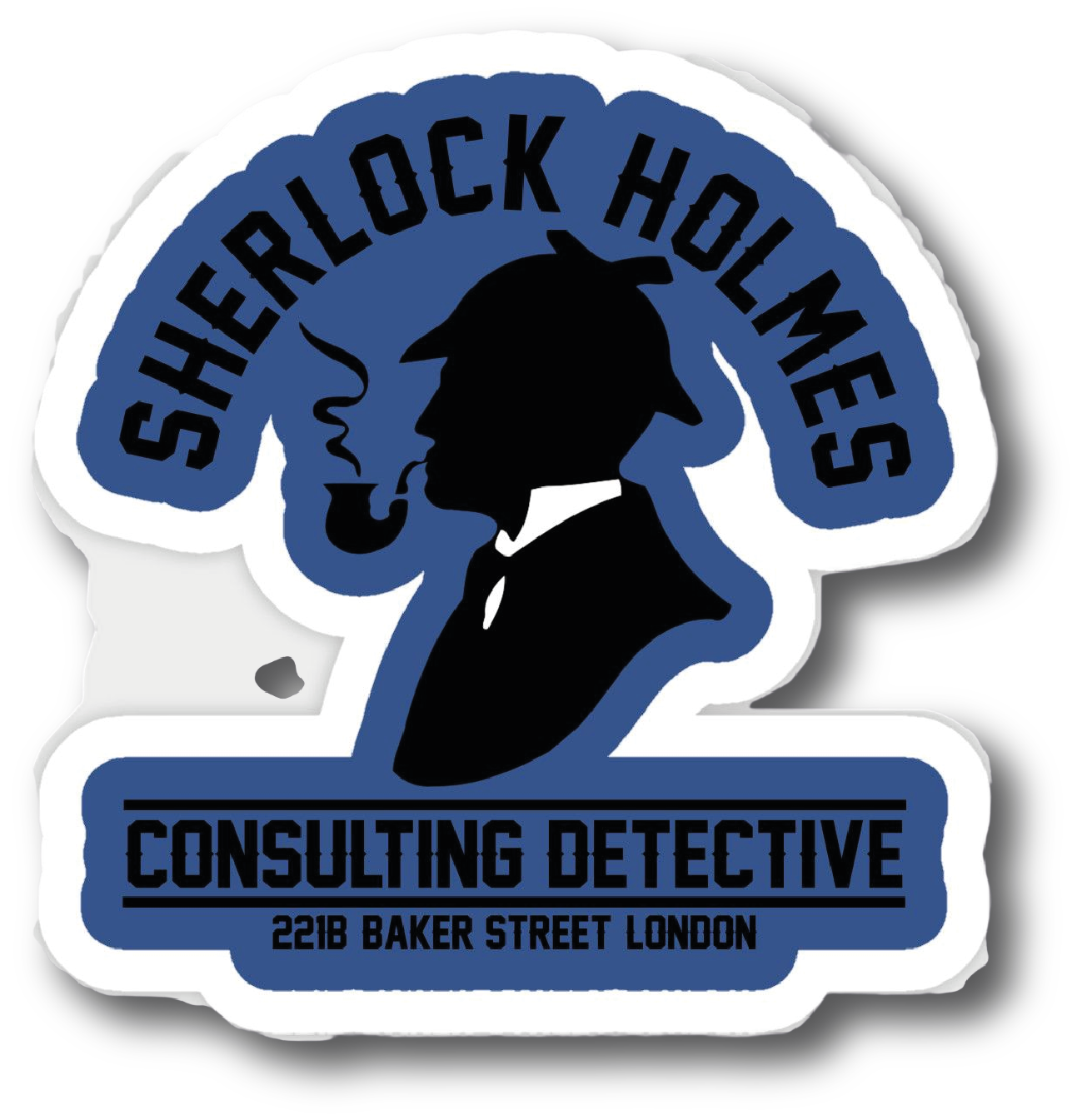 Vintage badge sticker with Sherlock Holmes Consulting Detective 221B Baker Street text and pipe silhouette